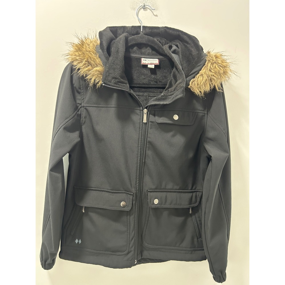 Double Diamond Black Softshell Jacket Faux Fur Hood Fleece Lined Womens Small